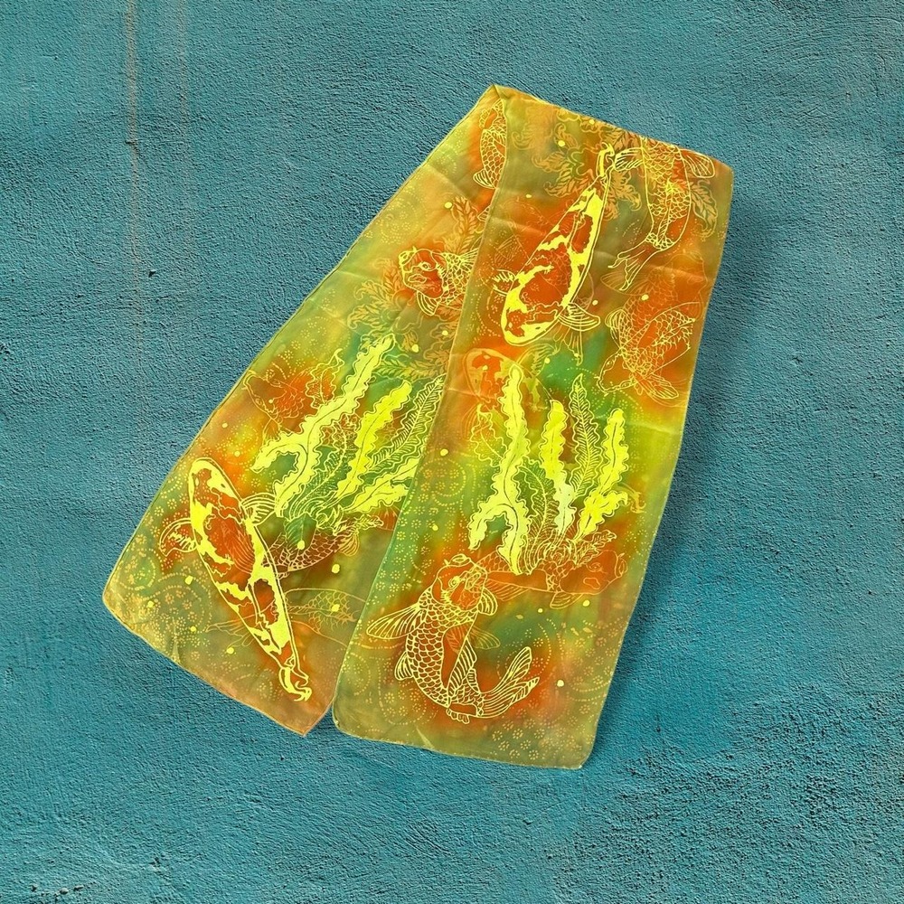 Batik Fall Silk Scarf with Koi Fish & Aquatic Plants